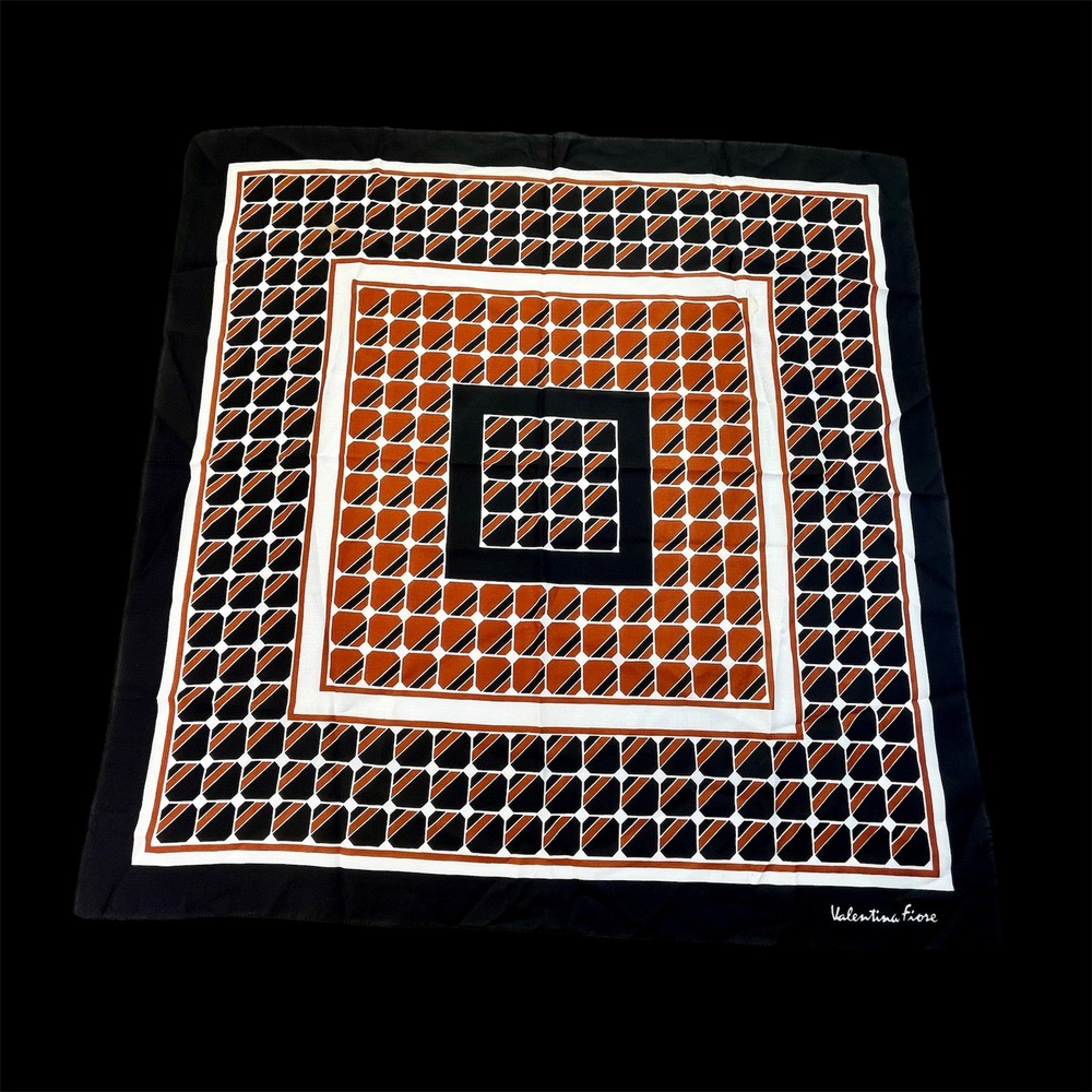 Valentina Fiore Square Scarf Geometric Tile Print Black Orange White 26x26 Retro
